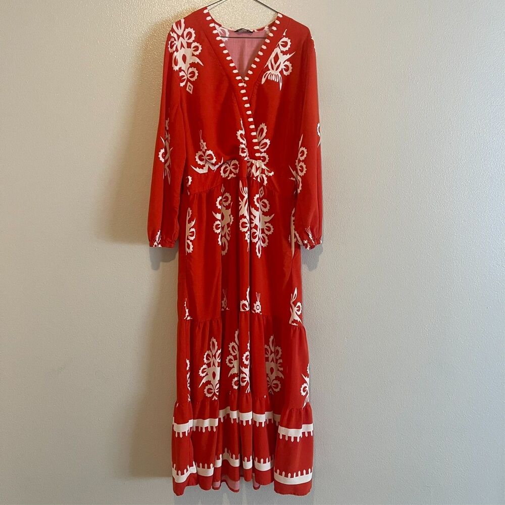 Pretty Garden Rust Print Maxi Dress XXL Smocked Waist Long Sleeve Boho Peasant